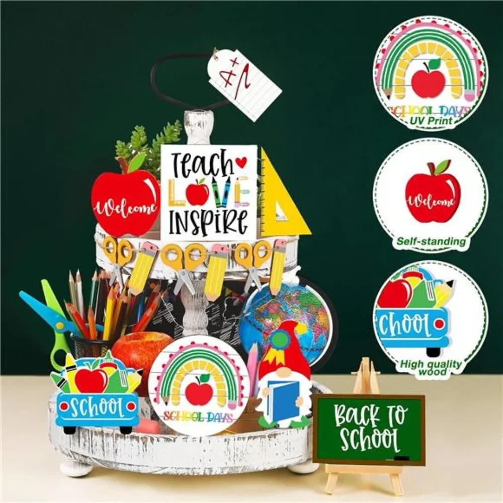 15 Pcs Back to School Tiered Tray Decor - Rustic Wooden‎ Signs & Farmhouse Set